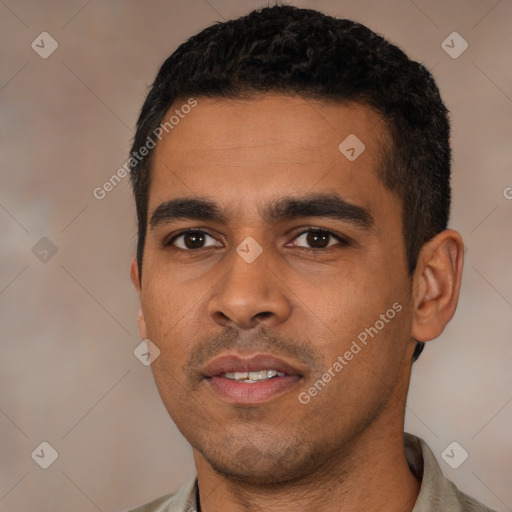 Neutral latino young-adult male with short  black hair and brown eyes