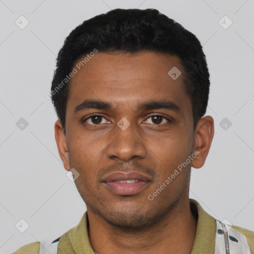 Neutral black young-adult male with short  black hair and brown eyes