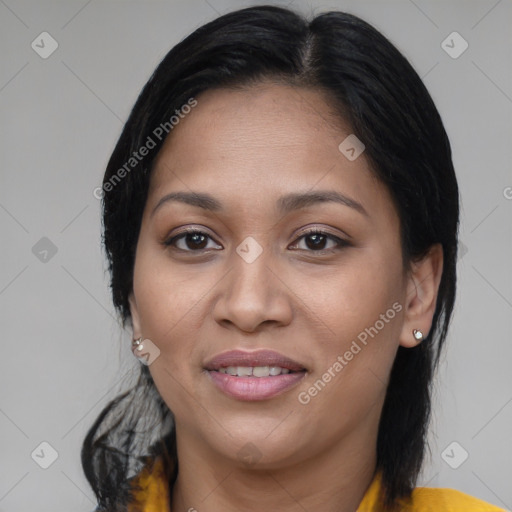 Joyful asian adult female with medium  brown hair and brown eyes