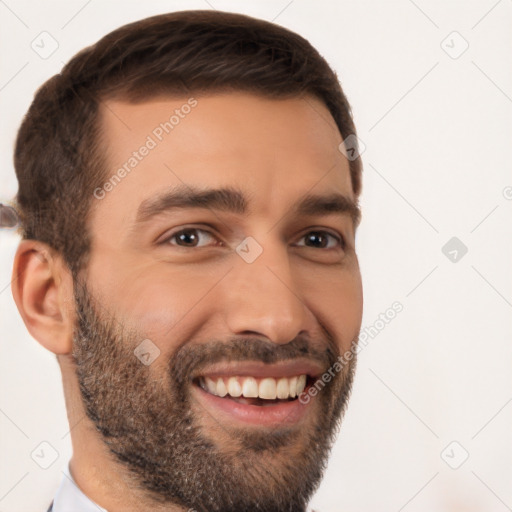 Joyful white young-adult male with short  brown hair and brown eyes