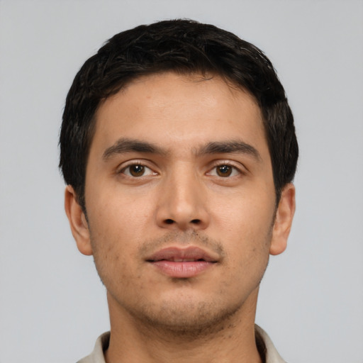 Neutral asian young-adult male with short  black hair and brown eyes