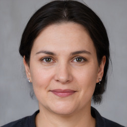 Joyful white adult female with medium  brown hair and brown eyes