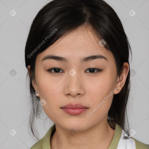 Neutral asian young-adult female with medium  brown hair and brown eyes