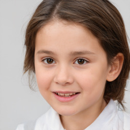 Joyful white child female with medium  brown hair and brown eyes