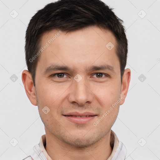 Joyful white young-adult male with short  brown hair and brown eyes