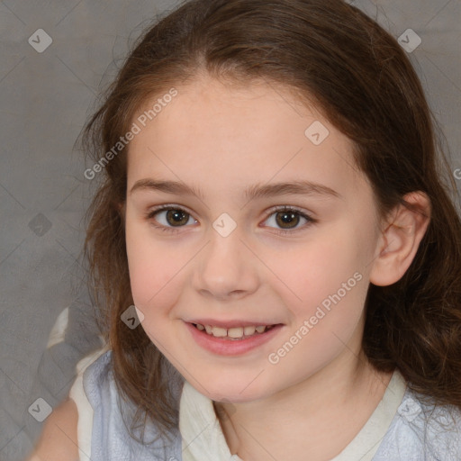 Joyful white child female with medium  brown hair and brown eyes