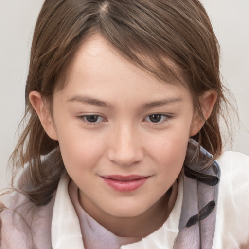 Joyful white child female with medium  brown hair and brown eyes