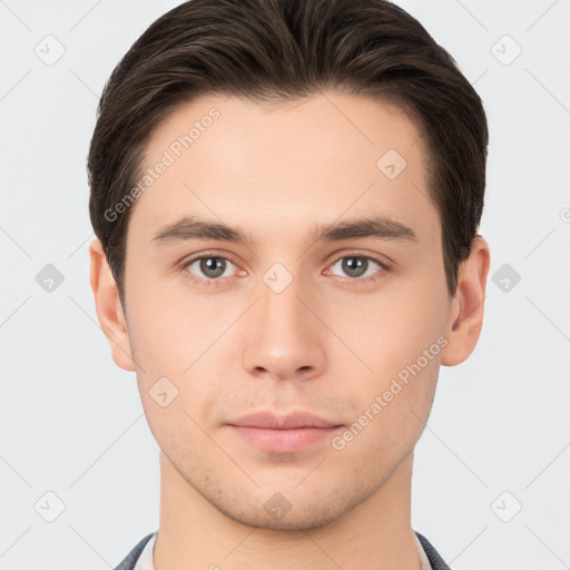 Neutral white young-adult male with short  brown hair and brown eyes