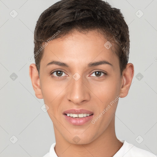 Joyful white young-adult female with short  brown hair and brown eyes