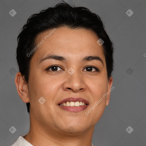 Joyful white adult female with short  brown hair and brown eyes