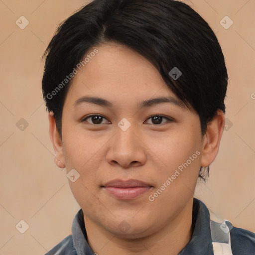 Joyful asian young-adult female with short  brown hair and brown eyes