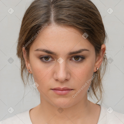 Neutral white young-adult female with medium  brown hair and brown eyes