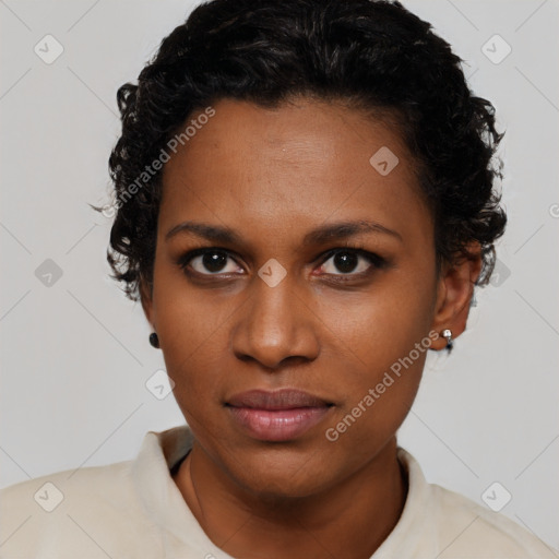 Neutral black young-adult female with short  black hair and brown eyes