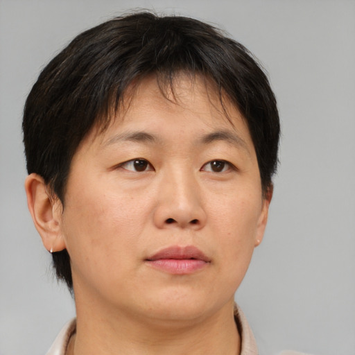 Neutral asian adult female with short  brown hair and brown eyes