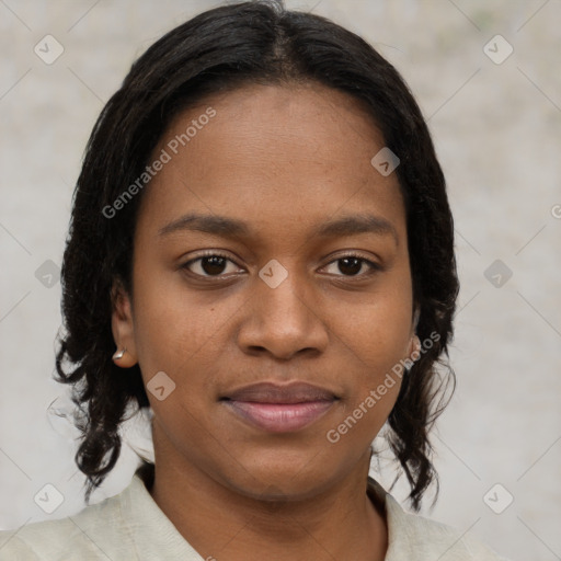 Joyful black young-adult female with medium  brown hair and brown eyes