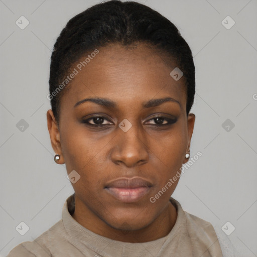 Neutral black young-adult female with short  black hair and brown eyes