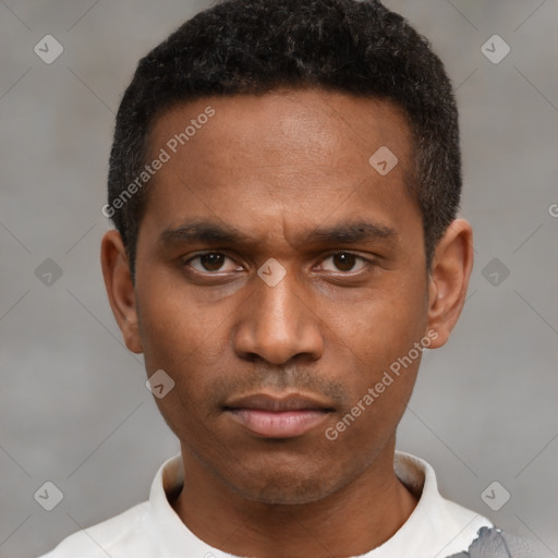 Neutral black young-adult male with short  black hair and brown eyes