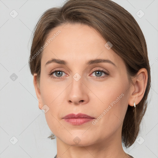 Neutral white young-adult female with medium  brown hair and grey eyes