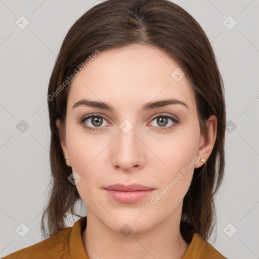 Neutral white young-adult female with medium  brown hair and brown eyes