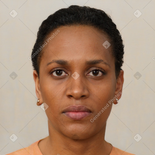 Neutral black young-adult female with short  black hair and brown eyes