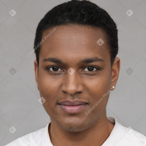 Joyful black young-adult male with short  black hair and brown eyes