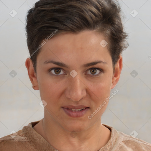 Joyful white young-adult female with short  brown hair and brown eyes