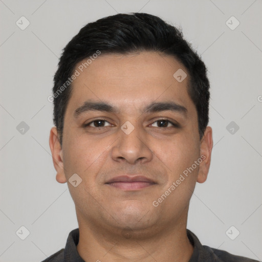 Neutral latino young-adult male with short  black hair and brown eyes
