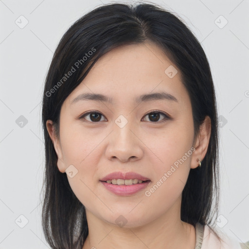 Joyful white young-adult female with medium  brown hair and brown eyes