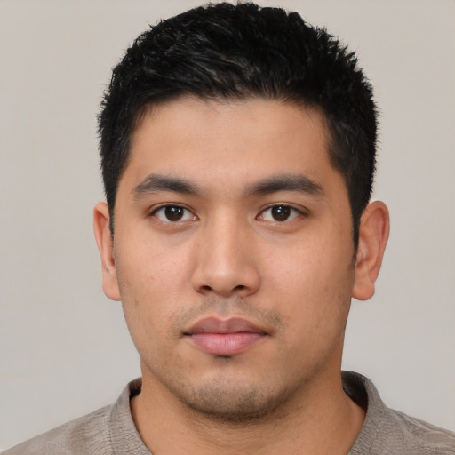 Neutral asian young-adult male with short  black hair and brown eyes