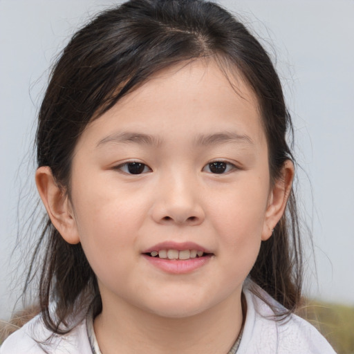 Joyful white child female with medium  brown hair and brown eyes
