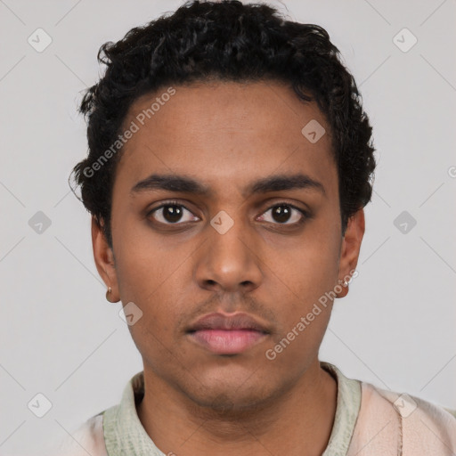 Neutral latino young-adult male with short  black hair and brown eyes