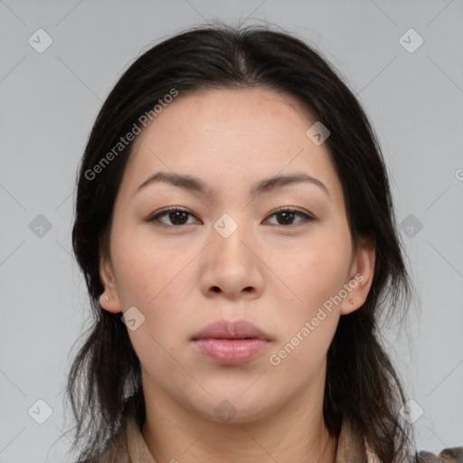 Neutral asian young-adult female with medium  brown hair and brown eyes