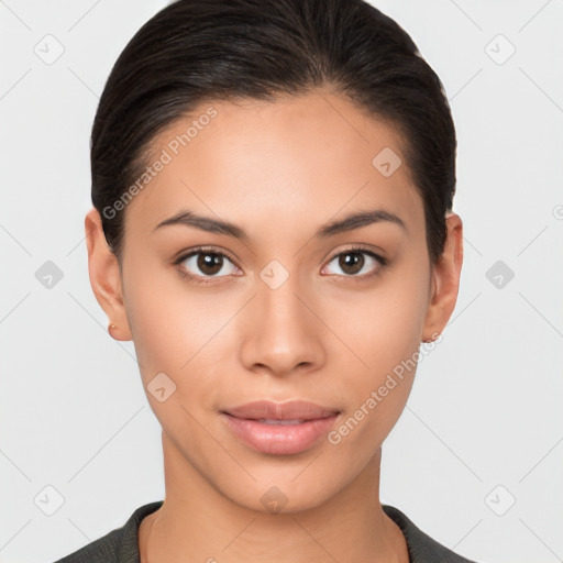 Joyful latino young-adult female with short  brown hair and brown eyes