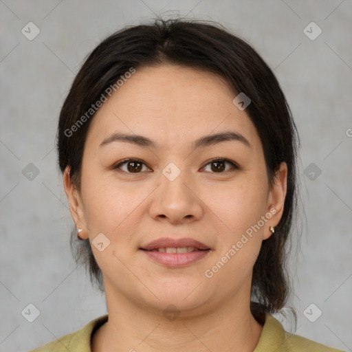 Joyful white young-adult female with medium  brown hair and brown eyes