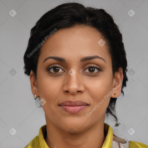 Joyful latino young-adult female with medium  black hair and brown eyes