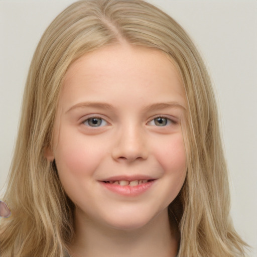 Joyful white child female with long  brown hair and brown eyes