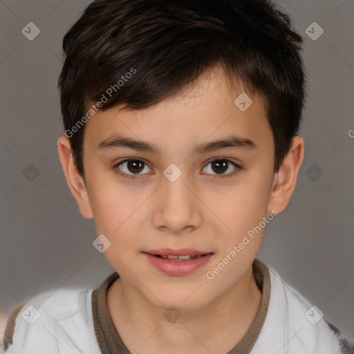 Joyful white child male with short  brown hair and brown eyes