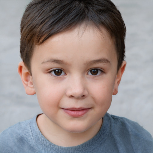 Joyful white child female with short  brown hair and brown eyes