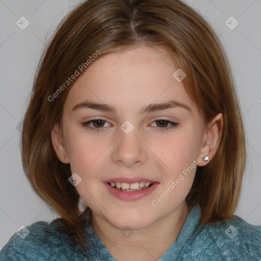 Joyful white child female with medium  brown hair and brown eyes