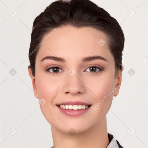 Joyful white young-adult female with short  black hair and brown eyes