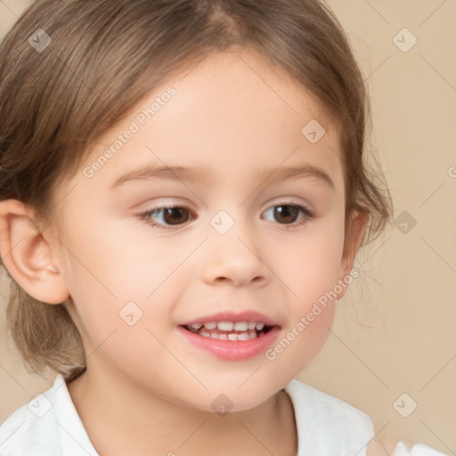 Joyful white child female with medium  brown hair and brown eyes