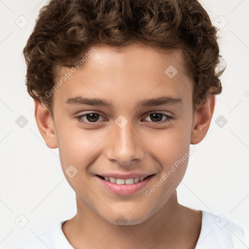 Joyful white child male with short  brown hair and brown eyes