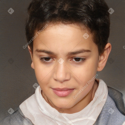 Joyful white child female with short  brown hair and brown eyes