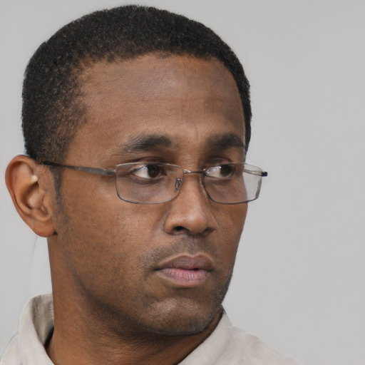 Neutral black adult male with short  brown hair and brown eyes