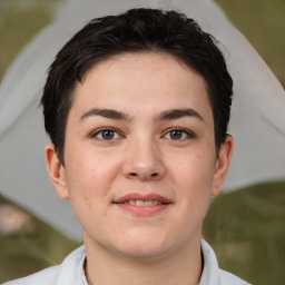 Joyful white young-adult female with short  brown hair and brown eyes