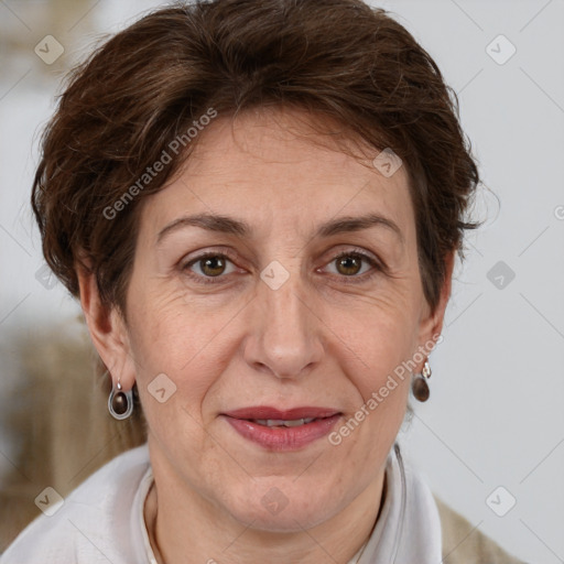 Joyful white adult female with short  brown hair and brown eyes