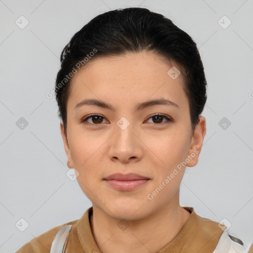 Joyful asian young-adult female with short  brown hair and brown eyes