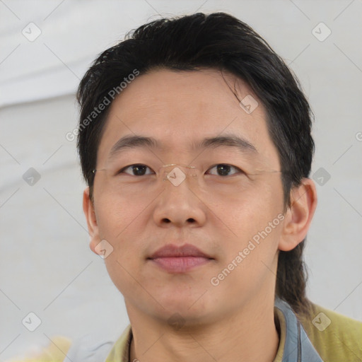 Neutral asian young-adult male with short  brown hair and brown eyes