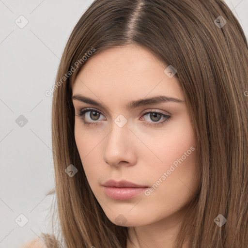 Neutral white young-adult female with long  brown hair and brown eyes