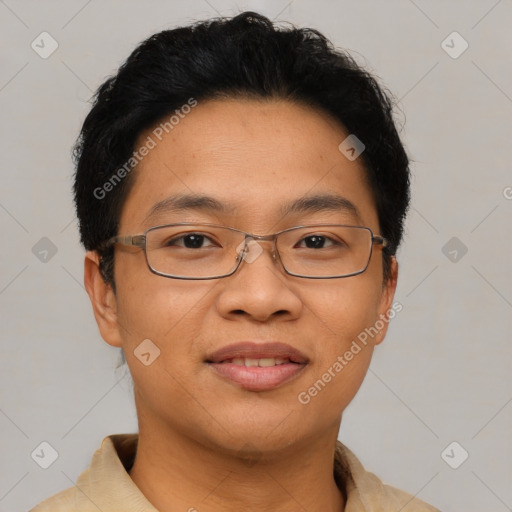 Joyful asian young-adult male with short  brown hair and brown eyes